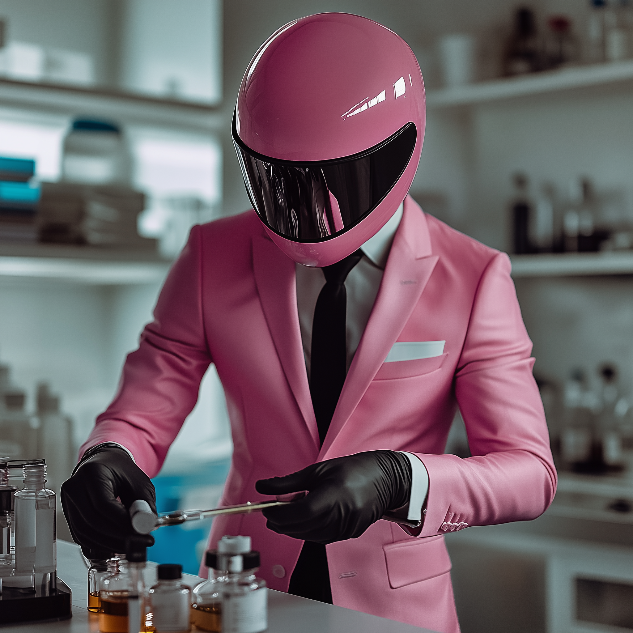 Mr. Licci crafting fragrance formulas in a laboratory, wearing a pink suit and gloves